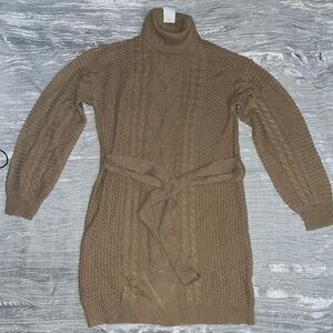Hooked up Sweater Dress womens medium tan cable knit belted mini turtleneck